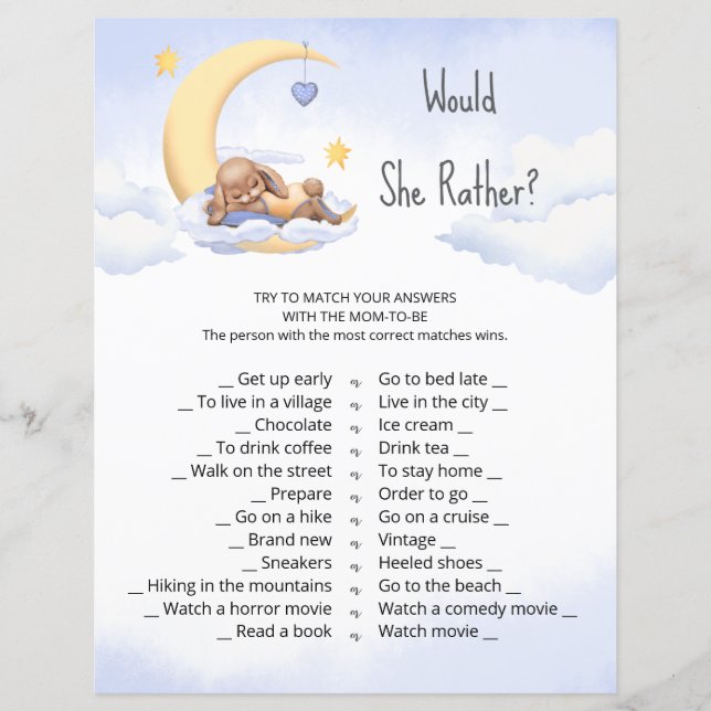 Babyduschenspiel "Wäre sie lieber?" (Vorderseite)