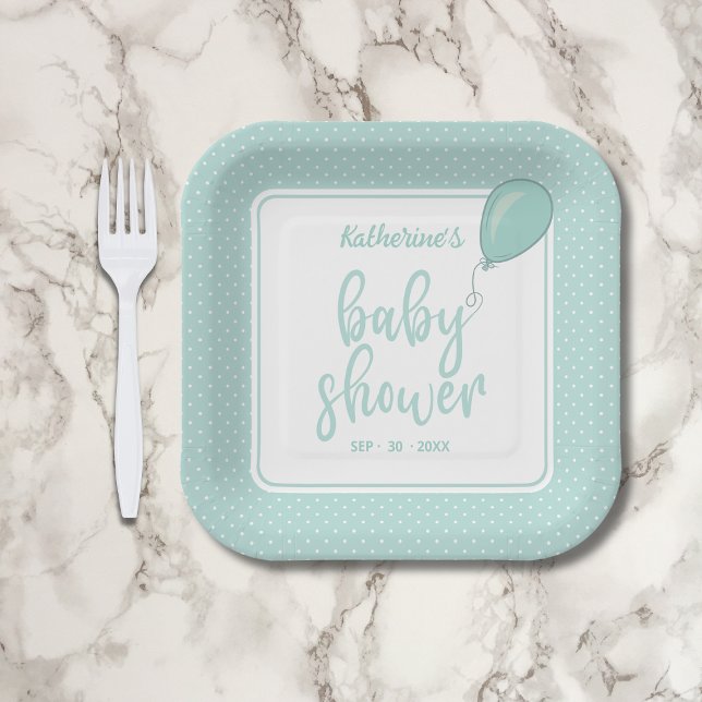 Babyduschgeschlecht, neutrale Minze grün Pappteller (Baby Shower Gender-Neutral Mint Green Paper Plate with Polka Dots, Balloon, Mother's Name, Date.)