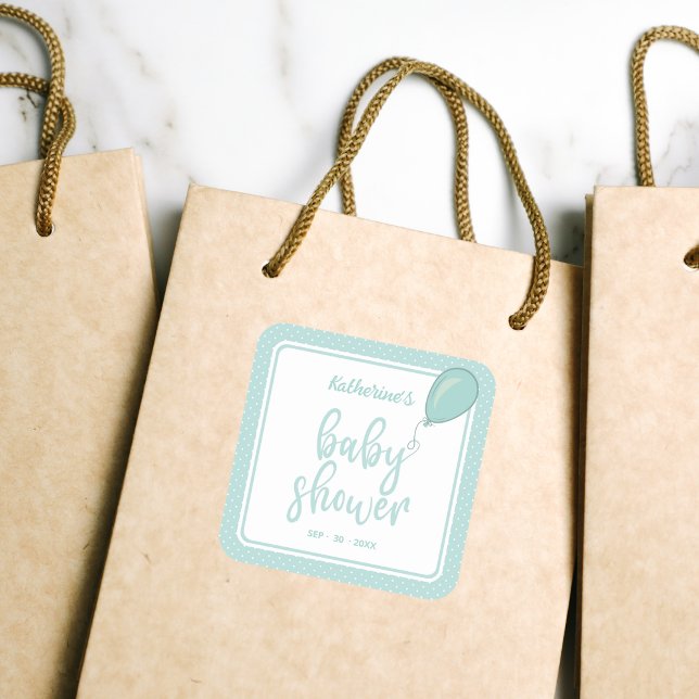 Babyduschgeschlecht, neutrale Minze grün Quadratischer Aufkleber (Baby Shower Gender Neutral Mint Green Square Thank You Sticker with Polka Dots, Mother's Name, Date.)