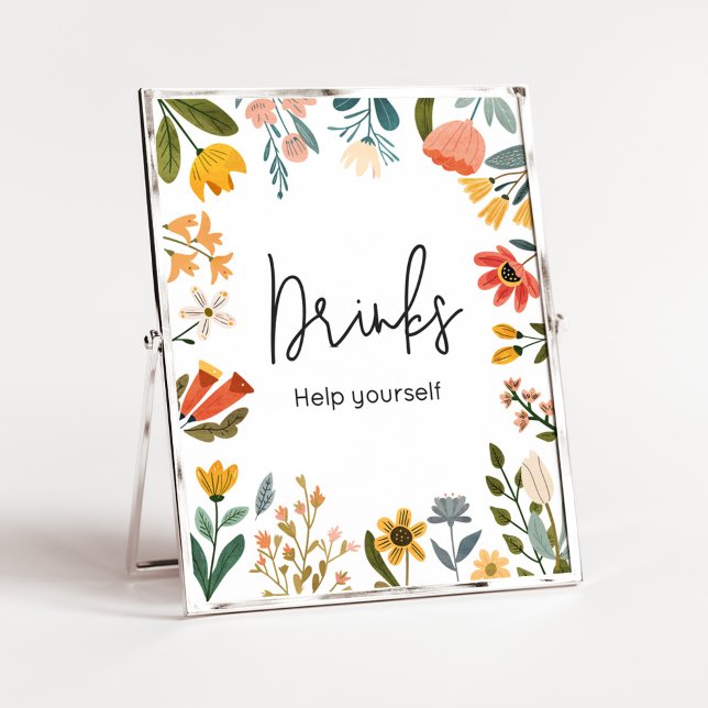 Babyduschgetränke für die botanische Wildblume Poster (Botanical Bright Wildflower Baby Shower Drinks Sign
)