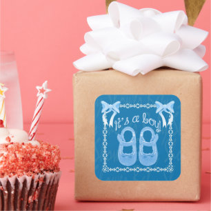 Babyduschjunge mit blauem Quadrat Quadratischer Aufkleber