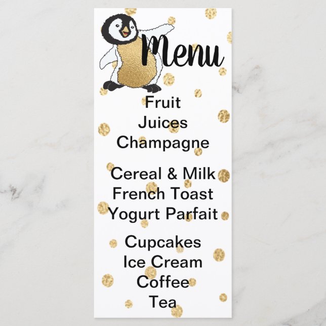Babyduschmenü "Gold Baby Penguin" Menükarte (Vorderseite)