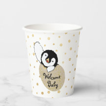 Babyduschpapier Tassen "Gold Baby Penguin" 8 oz.