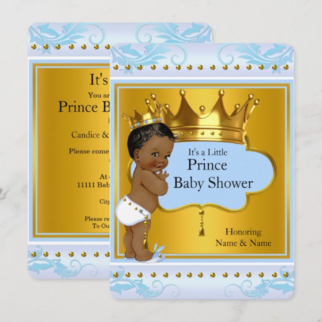 BabyduschPrinz Niedlich Boy Blue Gold Crown Ethnic Einladung (Vorne/Hinten)
