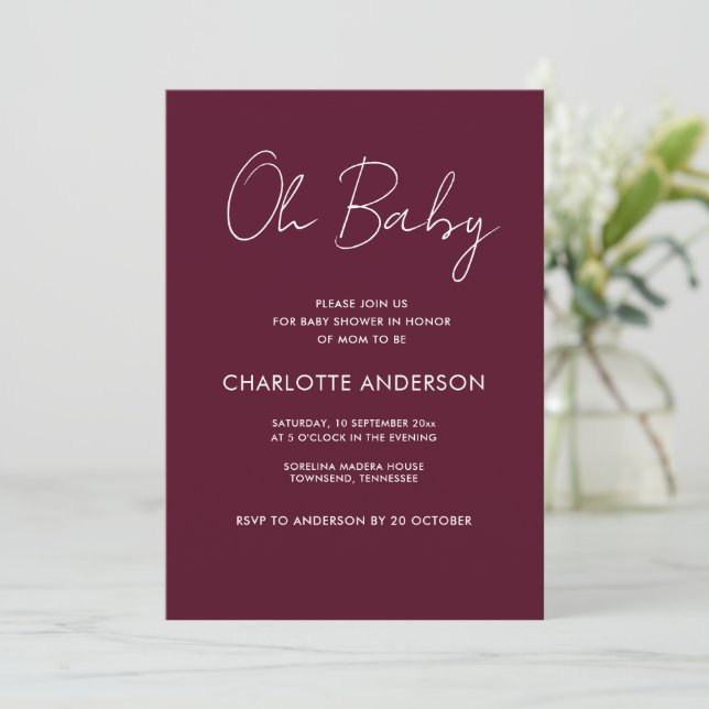 Babyduschskript modern bordeauxfarben einladung (Stehend Vorderseite)