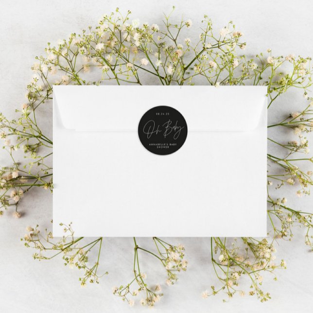 Babyduschskript, modern schwarz und weiß runder aufkleber (Von Creator hochgeladen)