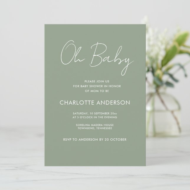 Babyduschskriptschrift modern und grün einladung (Stehend Vorderseite)