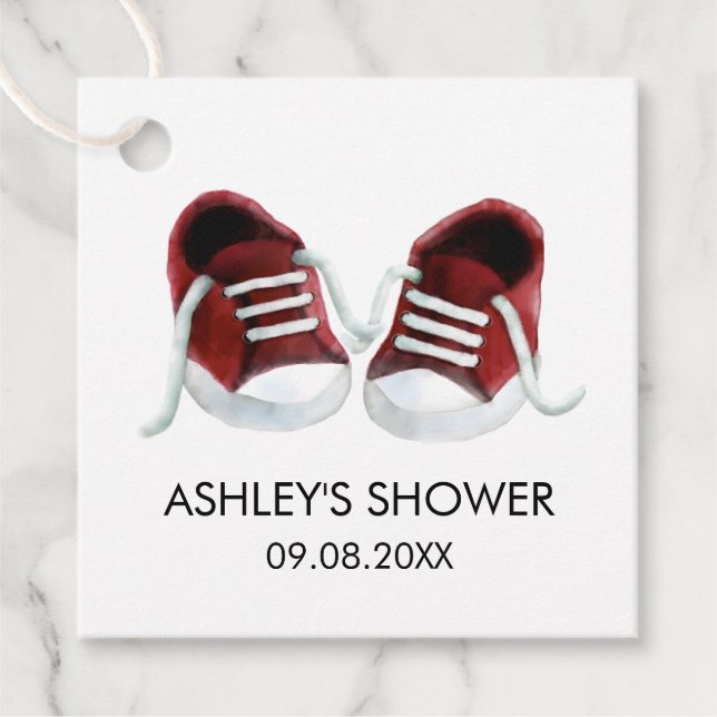 Babyduschteppiche, rote Schuhe Geschenkanhänger (Vorderseite)