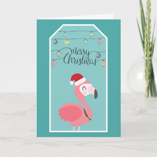 Babyflamingo mit Weihnachtsmannmütze und Weihnacht Feiertagskarte (Vorderseite)