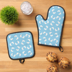 Babyfußabdrücke, Babyfuß, Fußstapfen, Blau, Junge Ofenhandschuh & Topflappen-Set