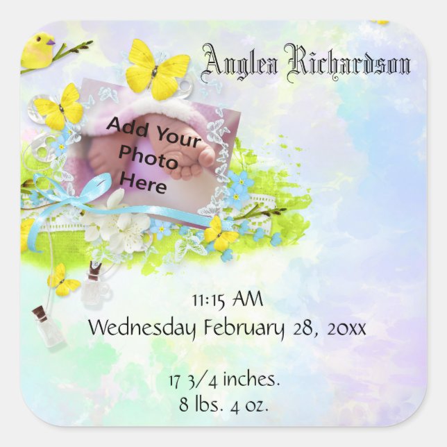 Babygelber Vogel und Schmetterling-Foto Quadratischer Aufkleber (Vorderseite)