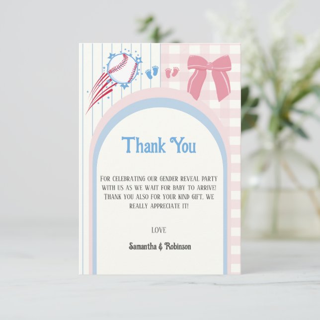Babygeschlecht enthüllt Baseballs oder Bows Dankeskarte (Stehend Vorderseite)