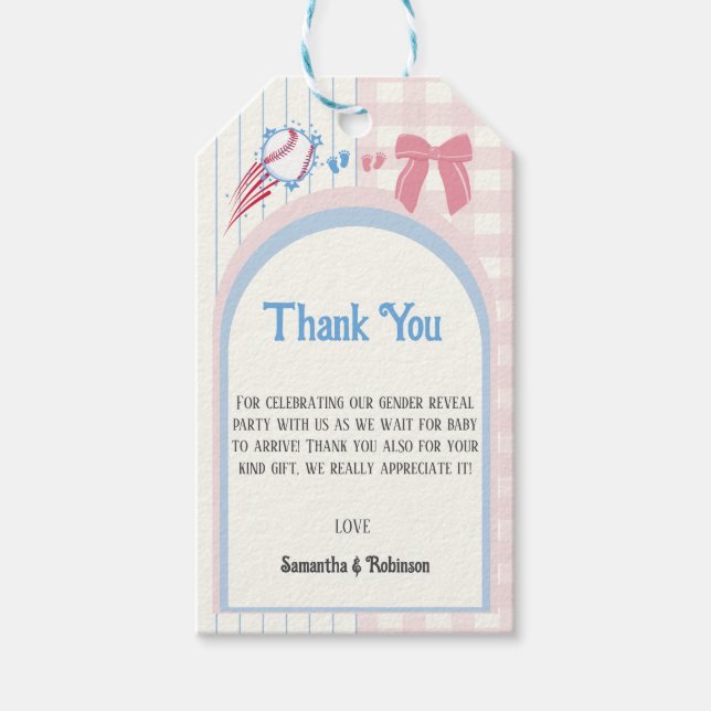 Babygeschlecht enthüllt Baseballs oder Bows Geschenkanhänger (Vorderseite)