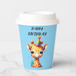 Babygiraffe mit Party, die zum Geburtstag hellblau Pappbecher