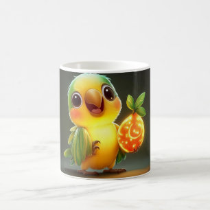 babygrüner und gelber Papagei, der ein leuchtendes Kaffeetasse