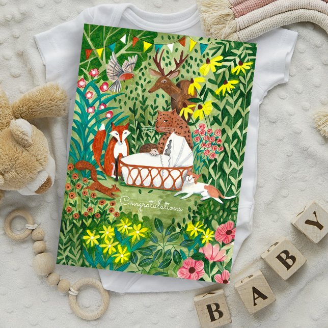 Babyjunge Mädchen - Gratulationen Karte (Newborn Baby Boy Girl Animals Congratulations Card)