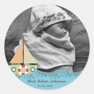 Babyjungen Geburtsname und Foto-Aufkleber Runder Aufkleber