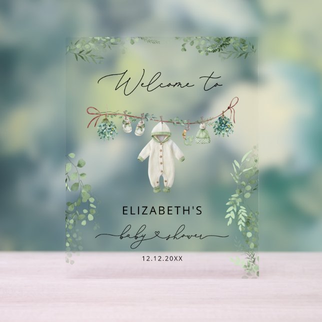 Babykleidung Boho Eucalyptus Babydusche Begrüßung Acrylschild (Neutral)