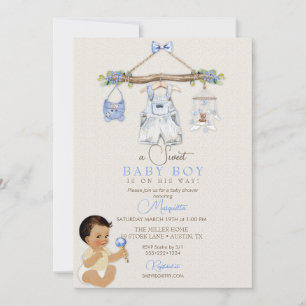 Babykleidung Junge Baby Shower Elfenbein Blau Einladung