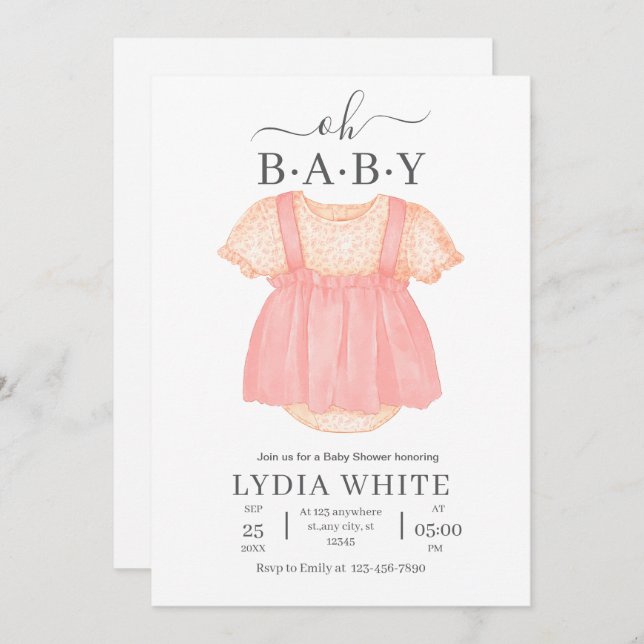 Babykleidung Kinderdusche Einladung, Mädchen Babyd Einladung (Vorne/Hinten)