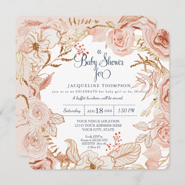 Babymädchen-Dusche Rosa Wasserfarbe Blumenblätter Einladung (Vorne/Hinten)