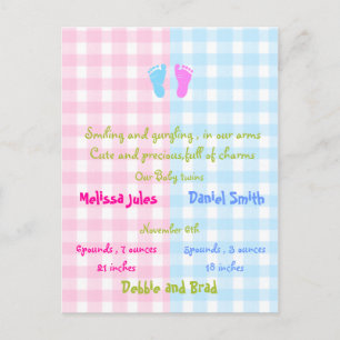 Babymitteilungspostkarte - Zwillinge Ankündigungspostkarte