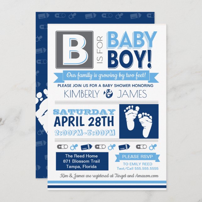 Babynahrung Poster Style Boy Dusche Einladung 3 (Vorne/Hinten)