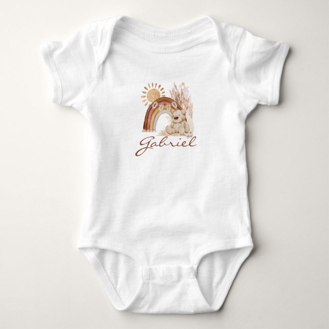 Babyname Boho Teddy Bear Rainbow Baby Strampler (Vorderseite)