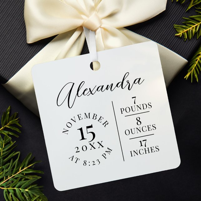 Babyname und Geburtsstats Foto White Keepake Ornament Aus Metall (Baby Name & Birth Stats Photo White Keepsake Metal Ornament)