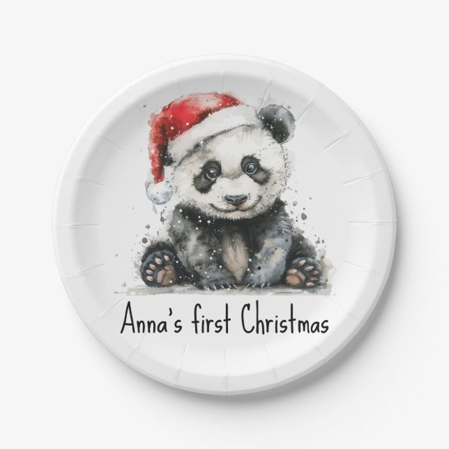 Babypanda mit Weihnachtsmütze, anpassbar Pappteller (Vorderseite)