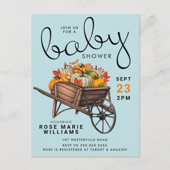 Babyparty | Autumn Pumpkin Wheel Barrel Postcard Postkarte (Vorderseite)