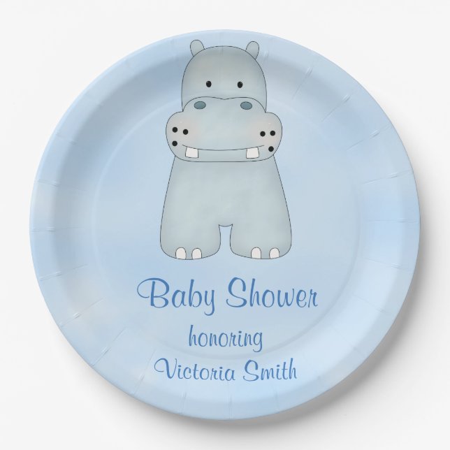 Babyparty-Baby-Blau-Flusspferd Pappteller (Vorderseite)