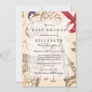 Babyparty | Chic Whimsical Pink Paris & Bow Einladung