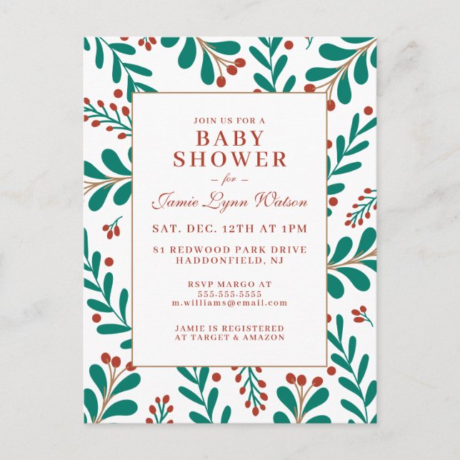 Babyparty | Christmas Mistletoe & Holly Postkarte (Vorderseite)