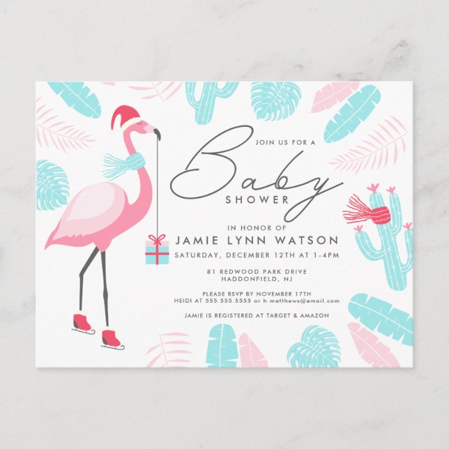 Babyparty | Einladung von Santa Claus Flamingo Postkarte (Vorderseite)