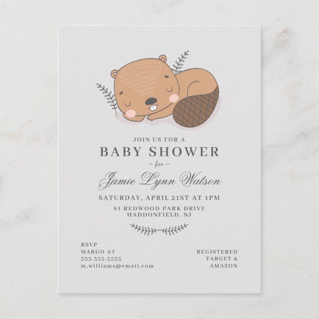 Babyparty | Einladung von Sleepy Beaver Postkarte (Vorderseite)