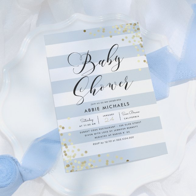 Babyparty | Elegante Gold Confetti & Blue Streifen Einladung (Von Creator hochgeladen)
