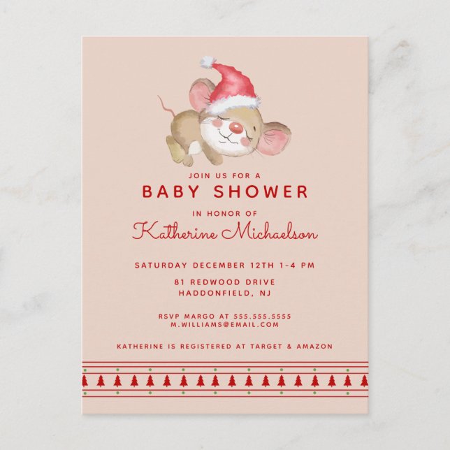 Babyparty | Frohe Weihnachtsmaus Einladung Postkarte (Vorderseite)