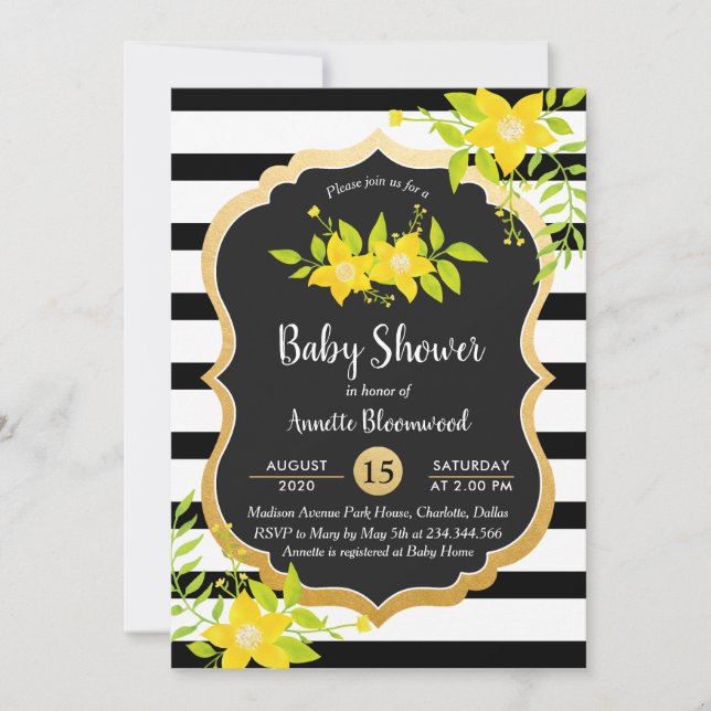 Babyparty | Gelbe Flora | Elegante Streifen Einladung (Vorderseite)