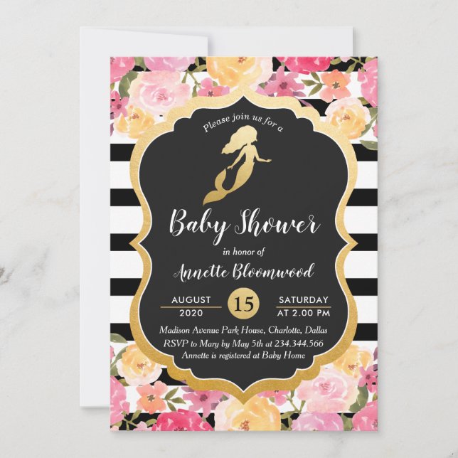 Babyparty | Imitats Gold Foil Meerjungfrau | Flora Einladung (Vorderseite)