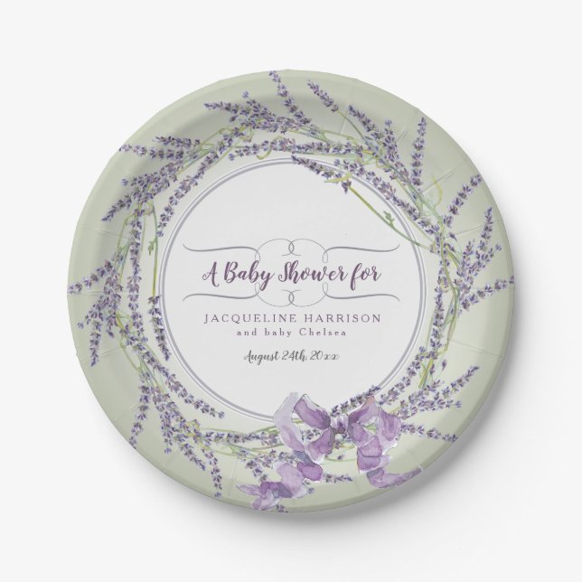 Babyparty-Kranz-Lavendel-BlumenAquarell Pappteller (Vorderseite)