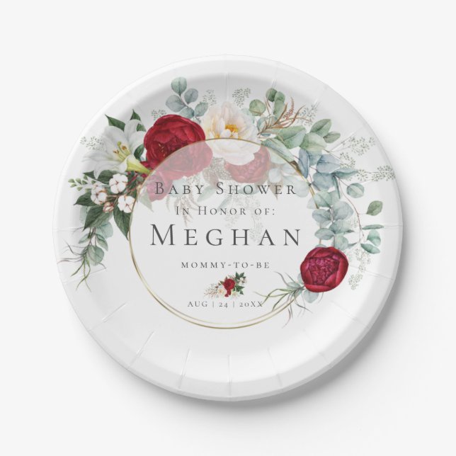 Babyparty | Lebhafte Red Peony Bouquet Pappteller (Vorderseite)