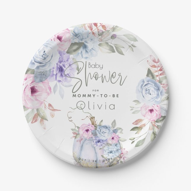 Babyparty | Lilac Blue Pumpkin Peony Floral Pappteller (Vorderseite)