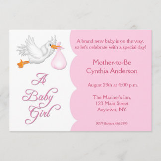 Babyparty-Mädchen-Rosa-Storch Einladung