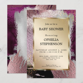 Babyparty | Metallisches Gold Cassis Plum Abstrakt Einladung