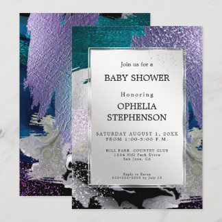Babyparty | Metallisches Silber Aquamarin Lila Abs Einladung