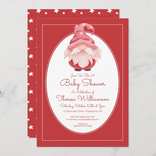 Babyparty | Red Star Gnome Baby Shower Einladung (Vorne/Hinten)