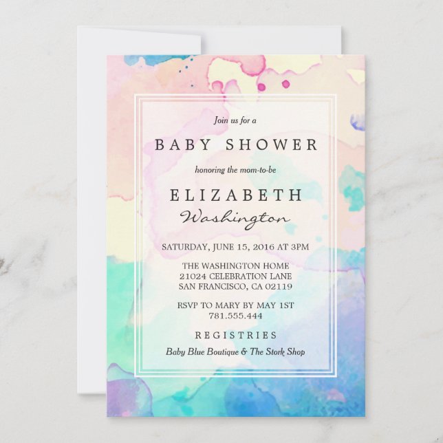 Babyparty | Rosa Blau und Lila Wasserfarbensplash Einladung (Vorderseite)