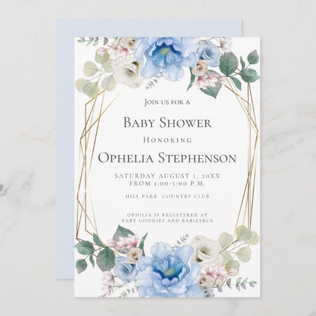 Babyparty | Sky Blue Watercolor-Blume Einladung (Vorne/Hinten)