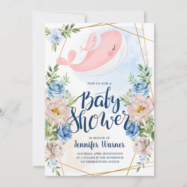 Babyparty | Watercolor Pink Whale Einladung (Vorderseite)
